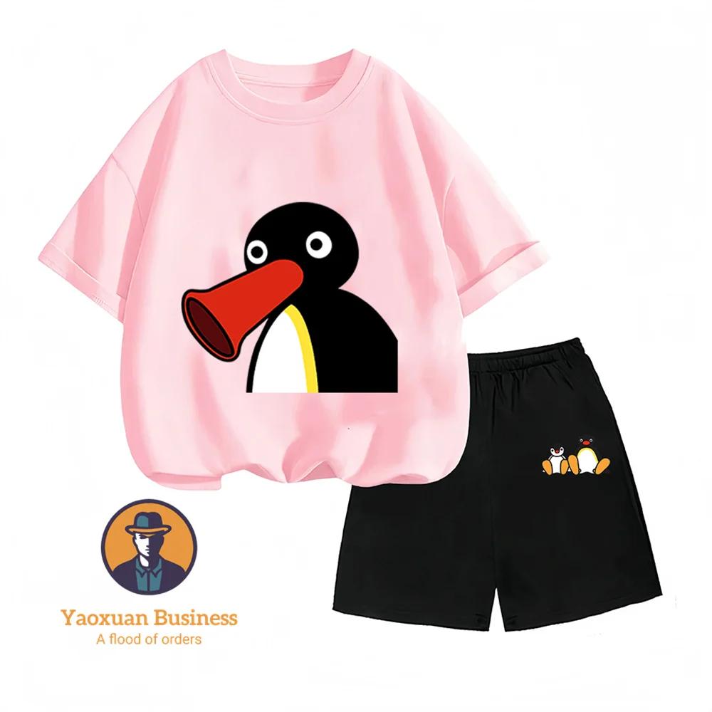 Kinder Tweestukken Set PINGU Cartoon Print Zomer Mode Hete Verkoop Jongens en Meisjes