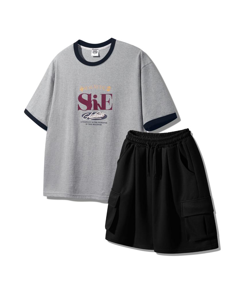 ALVINCLO [Set] Shine Ringer Oversized Short Sleeve T-Shirt, Single-Pleat Cargo, Wide Elastic Waist Shorts Set