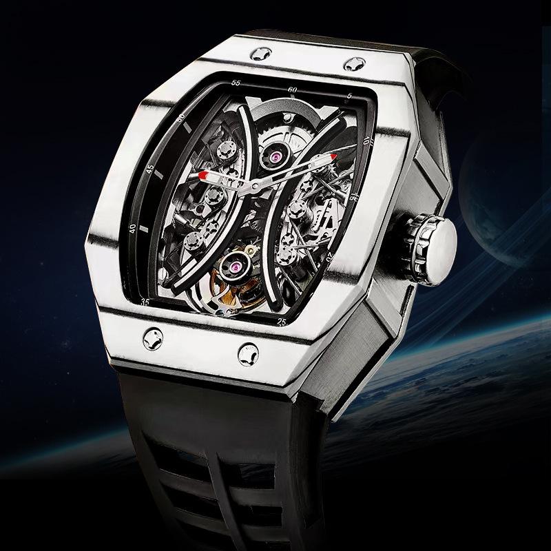 Ceas Mecanic de Modă Swiss True Tourbillon pentru Bărbați cu Curea de Cauciuc și Design Pătrat Gol