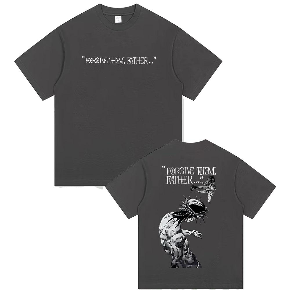 2025 Summer Christian Religious Jesus Forgive Them Father 100% Pure Cotton Printed Gothic Rock Oversized Male Breathable Tshirt