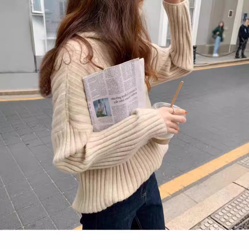 Women's Thick Ribbed Wool Turtleneck Sweater - Loose, Versatile Knit Top