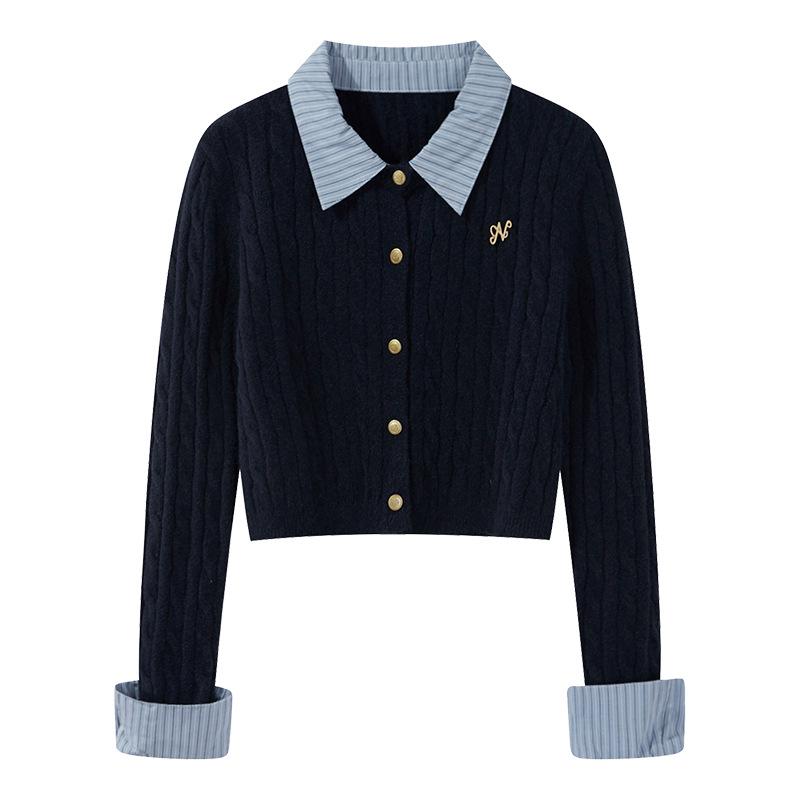 Yangcheng Story Women's Slim Fit Grey Faux Two-Piece Knit Cardigan for Autumn 2025