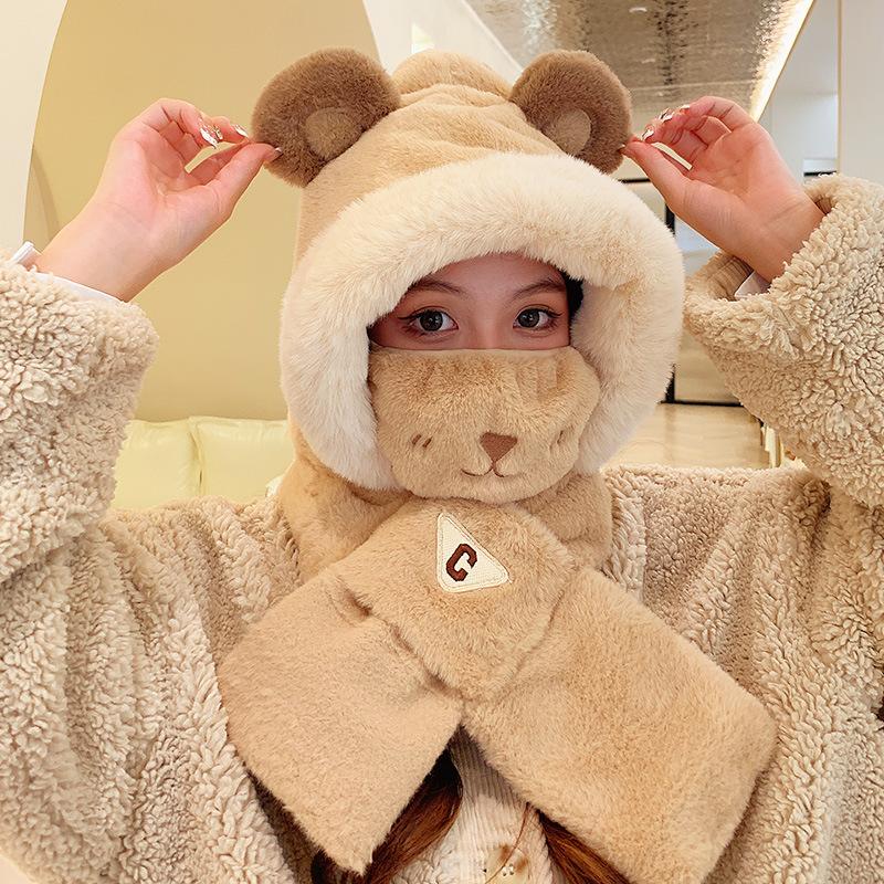 Autumn and winter new cute bear hat scarf integrated female cycling cold and warm windproof ear mask scarf