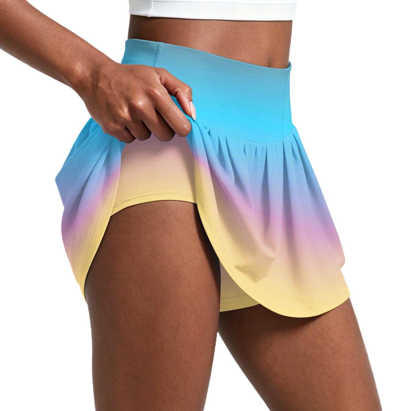 Women s Gradient Print Pleated Skort Athletic Tennis Running Yoga Skirt with Built-in Shorts Lightweight Breathable Fabric L синий
