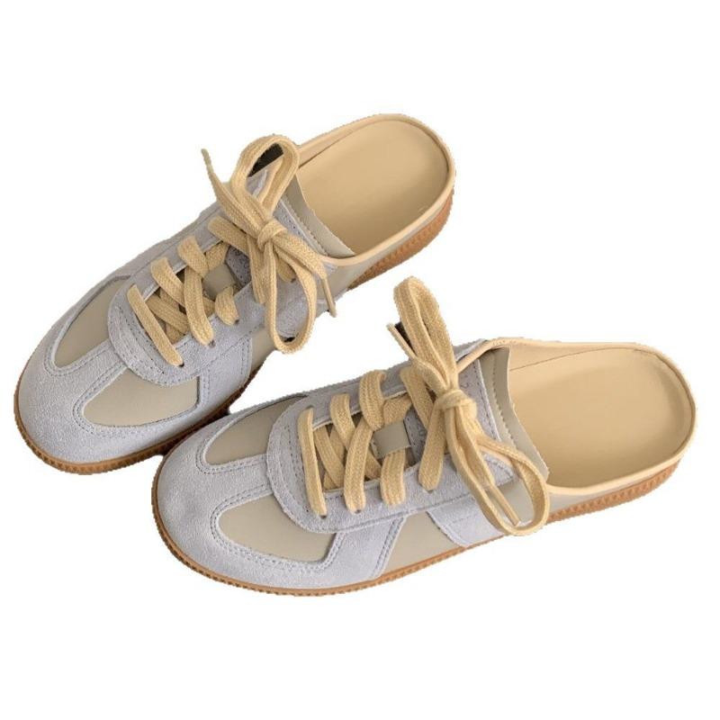 Leather Retro Color Matching Bag Head Half Slippers Women's Summer Wear New Flat-bottomed One-pedal Casual Shoes