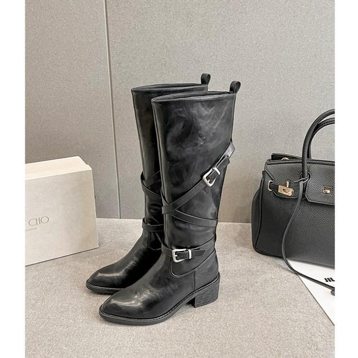 Retro pointed versatile thick-soled thick-heeled knight boots 2025 new wide tube cross-buckle but knee boots women