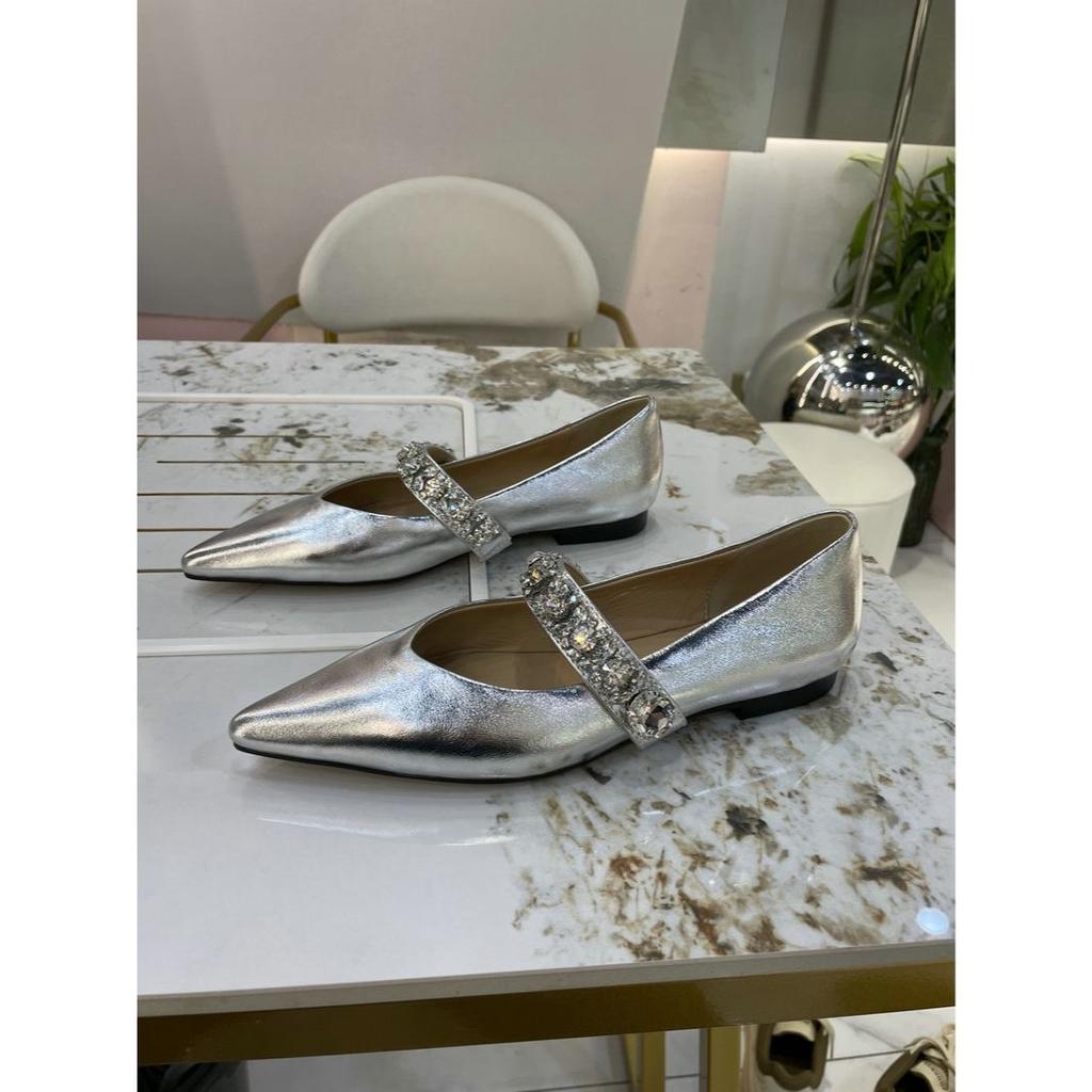 Mode Ballerinas Damen 2025 Frühling Herbst Neue Mode Spitz Flacher Boden Flacher Mund Strasssteine Schwarz Silber Luxusschuhe Damen