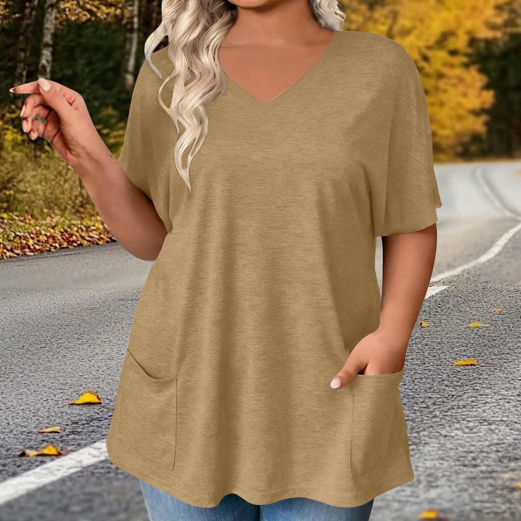 Stylish Women's Color V-neck Pocket Casual Versatile Fashion T-shirt Top