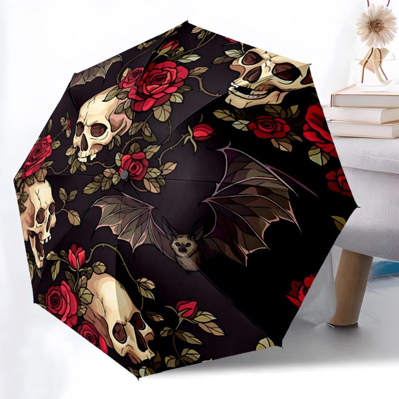 1pc Skull Roses Bats Pattern Automatic Open/Close Umbrella - Compact Travel Umbrella, Gift for Birthdayyy251208150