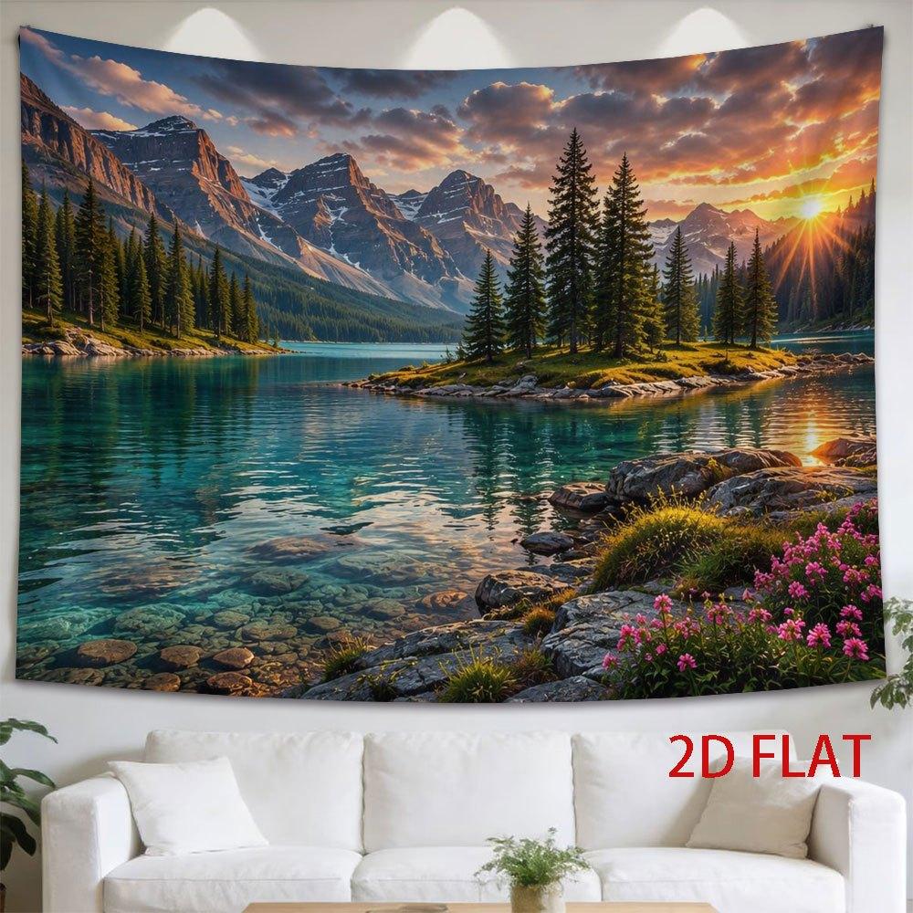 2D Flat - 2D Flat - 1pc 2D Flat Tapestry Serene Lake Reflecting Sunset Mountains, Pine Island Nestled in Tranquil Wilderness Landscape