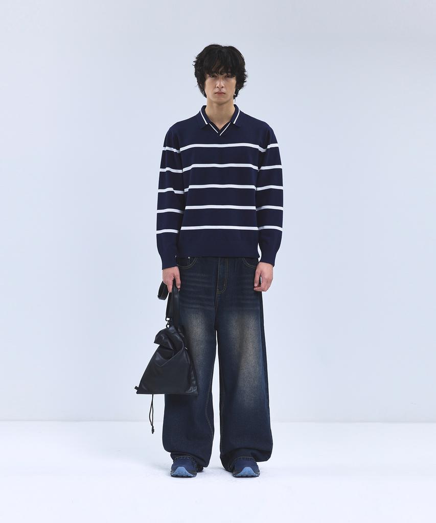 IRONYPORNO WHITELINE 86-Iroj365 Open-Neck Striped Long-Sleeve Knit Blue