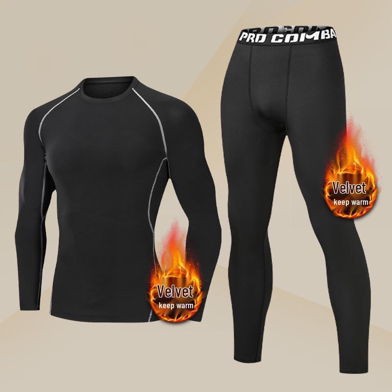 Men's Plus Velvet Quick-Dry High-Elastic Training and Running Set: Autumn/Winter Warm Fitness Tights and Base Layer.