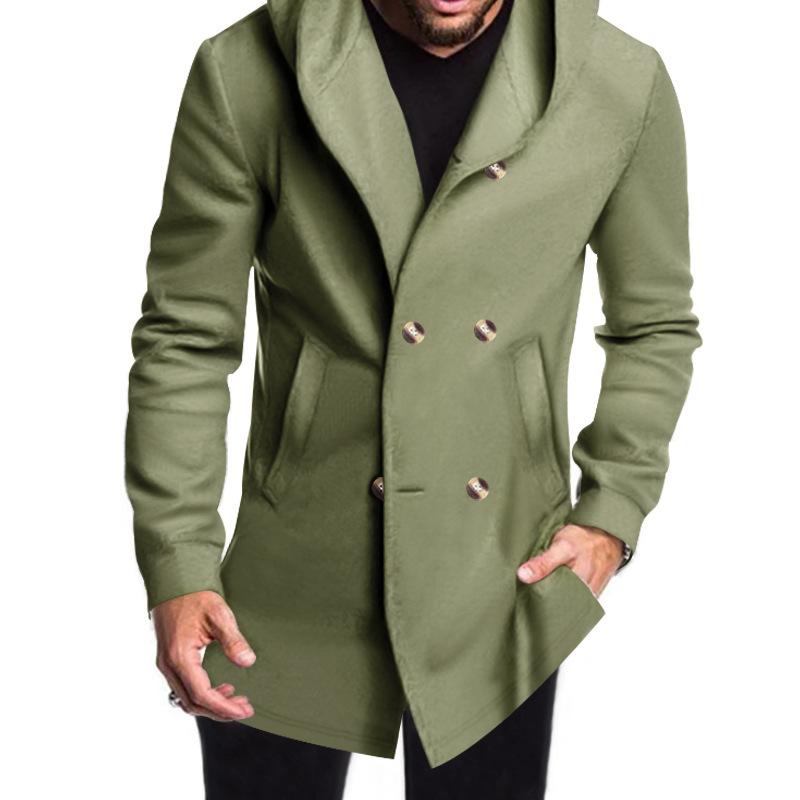 New Arrival Men's Mid-Length Slim-Fit Trench Coat with Hood - Solid Colour Casual Jacket