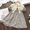 Big Lapel Bow Floral Skirt Summer Korean Style Girls Children's Clothing Doll Collar Dress Puff Sleeves Waist Princess Skirt