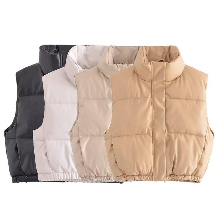 Women Winter Short Coat Cotton Imitation Leather Vest Pure Color Autumn Fashion Outerwear