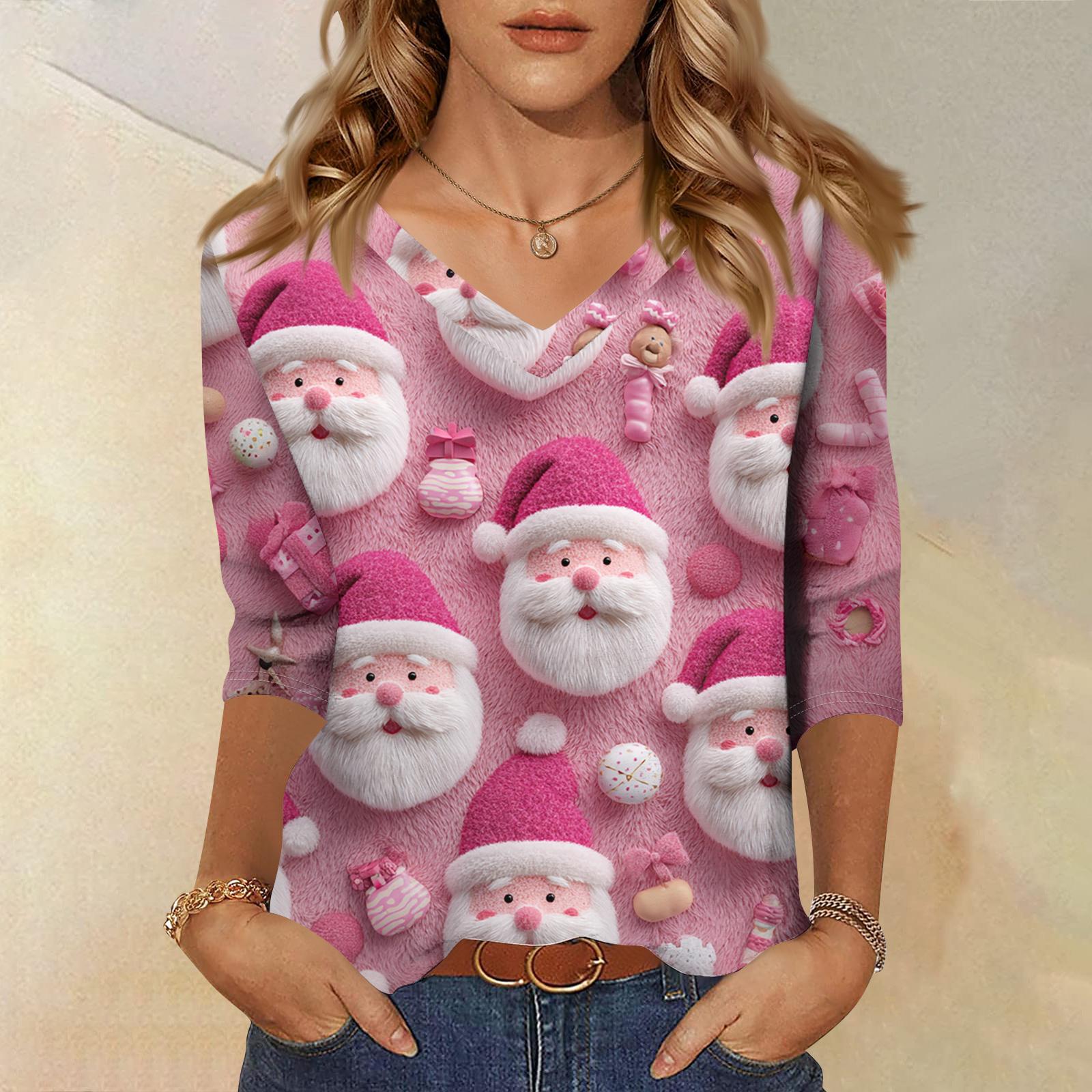 

Женская футболка с рождественским принтом, рукав 3/4, повседневная, для выходных, модная, базовая, с V-образным вырезом, обычный топ XXXL белый