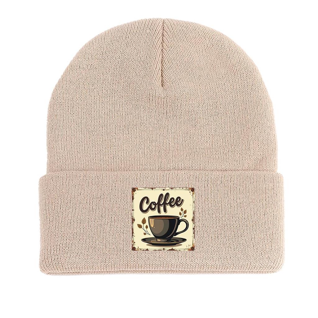 COFFEE Series Print Knitted Cap Beanie, Slouchy Leisure Knit Hat Beanie