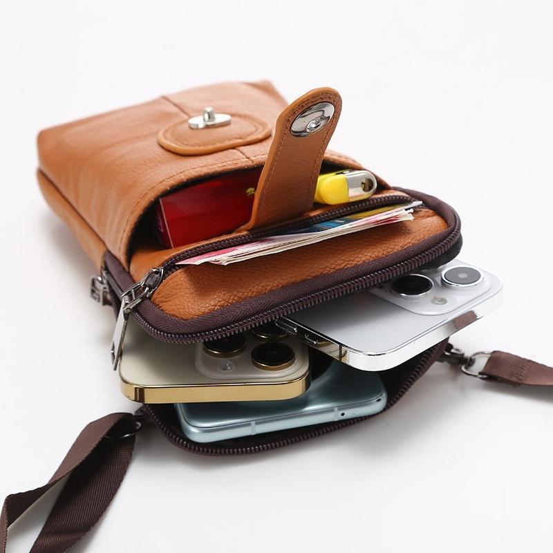 Genuine Leather Crossbody Phone Bag for Men & Women, Compact Shoulder Pouch with Zipper, Card Slots & Snap Pocket, Everyday Travel Wallet