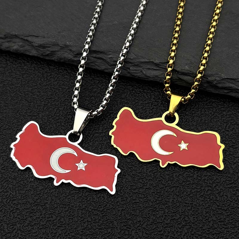Colier pandantiv Hartă și Steag Curcan din Oțel Inoxidabil pentru Femei Bărbați Culoare Aurie Argintie Lanț Turcesc Bijuterii Cadou Türkiye Cumhuriyeti