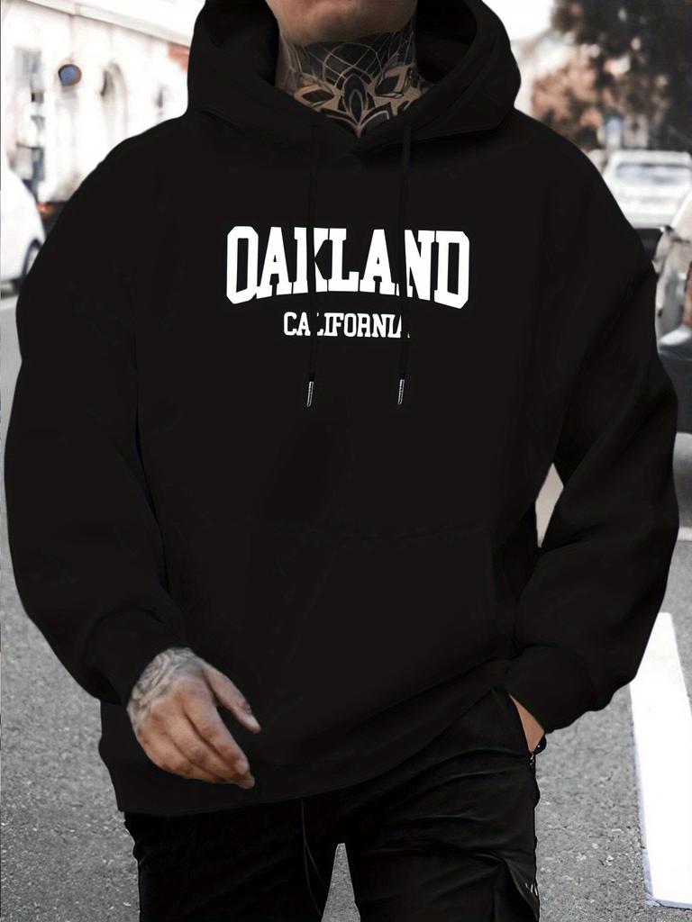 2025 unisex Casual Sports Fitness Versatile Stylish Hoodie with Unique Oakland California Letter Print - Casual Pullover, Kangaroo Pocket, Stretchy Fa