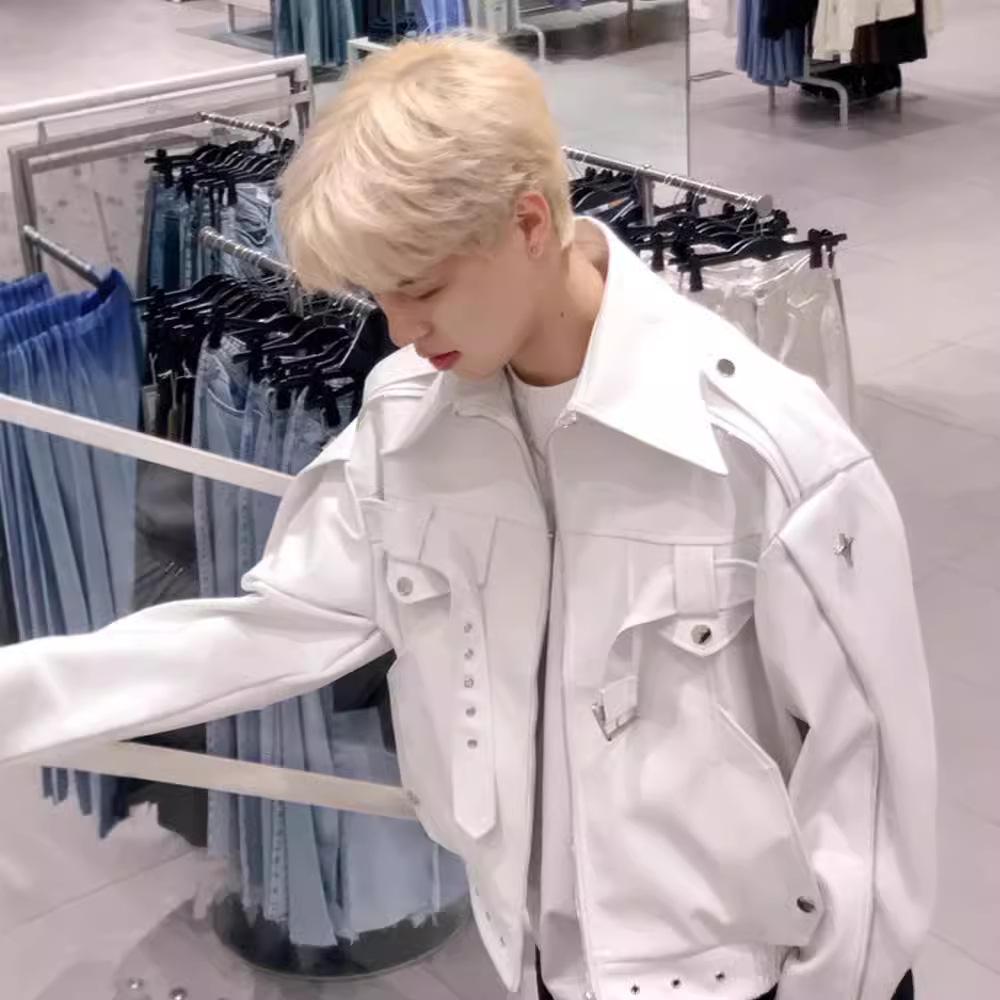 Herr Retro Hög Gata Vit Läder Bikerjacka - Vår/Höst Trendigt Märkesstil