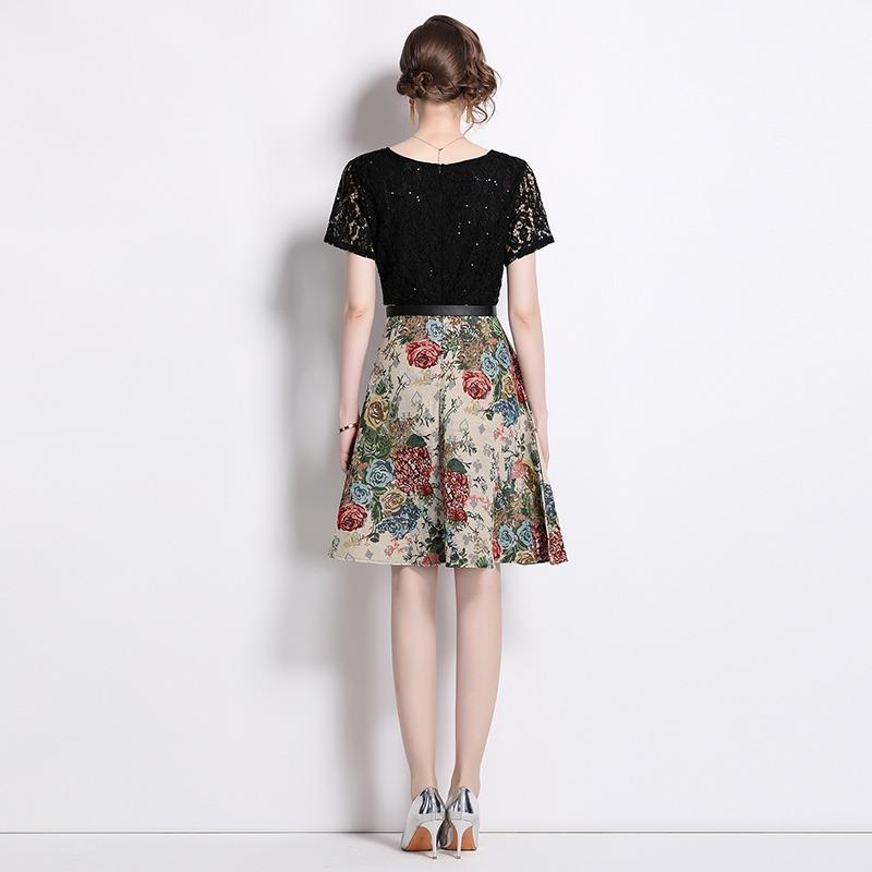 Summer Women V-neck Short Sleeve Vintage Jacquard Flower Lace Patchwork Party Dresses with Belt