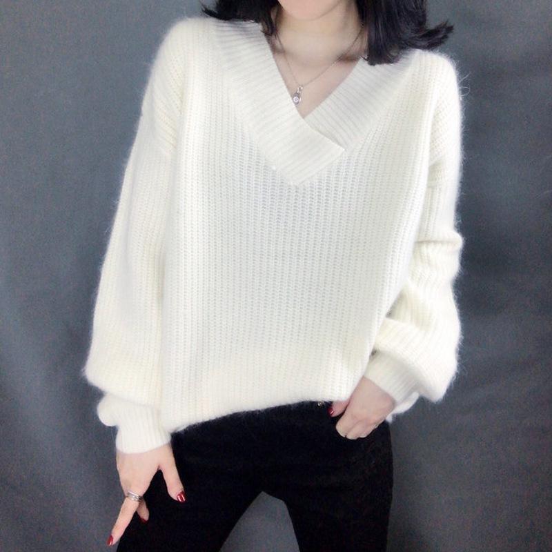 V-neck Sweater Women's Pullover Lantern Sleeves Loose Fashion Knitted Bottoming Shirt Autumn and Winter