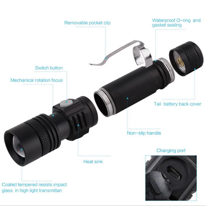 T6 Rechargeable USB High-Power LED Flashlight with Telescopic Zoom for Outdoor Use