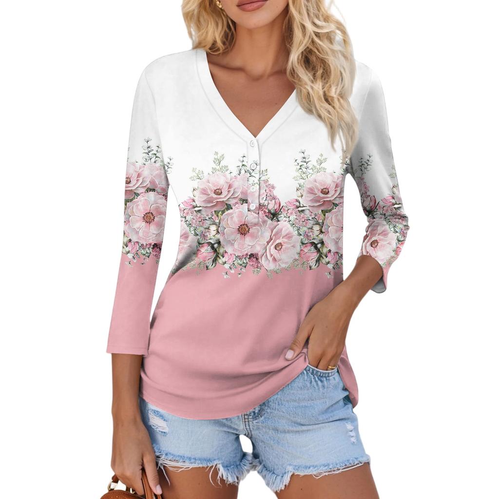 Women's Casual Fashion Sexy Comfortable V-Neck Button Floral Three-quarter Sleeve Top
