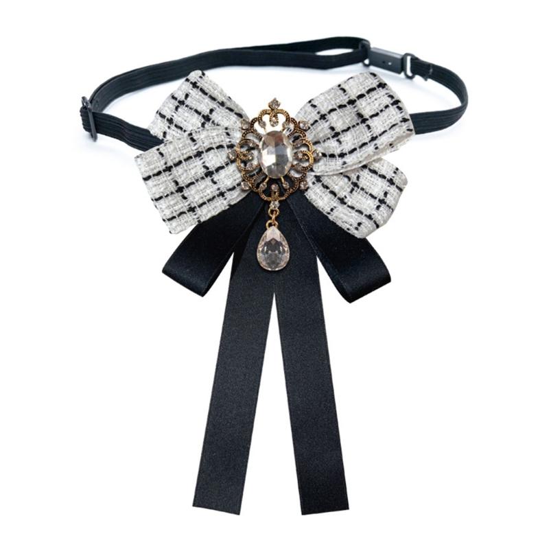 Vintage Plaids Ribbon Bowknot Brooch Pin Rhinestones Bowtie for Women Shirt Jabot Collar Pretied Necktie Clip Neckpiece