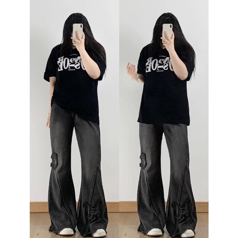 

Women s Low Waist Black & Gray Butterfly Patchwork Micro Flare Jeans - Slim Fit, Raw Hem, Floor-Length, Spring & Autumn. M