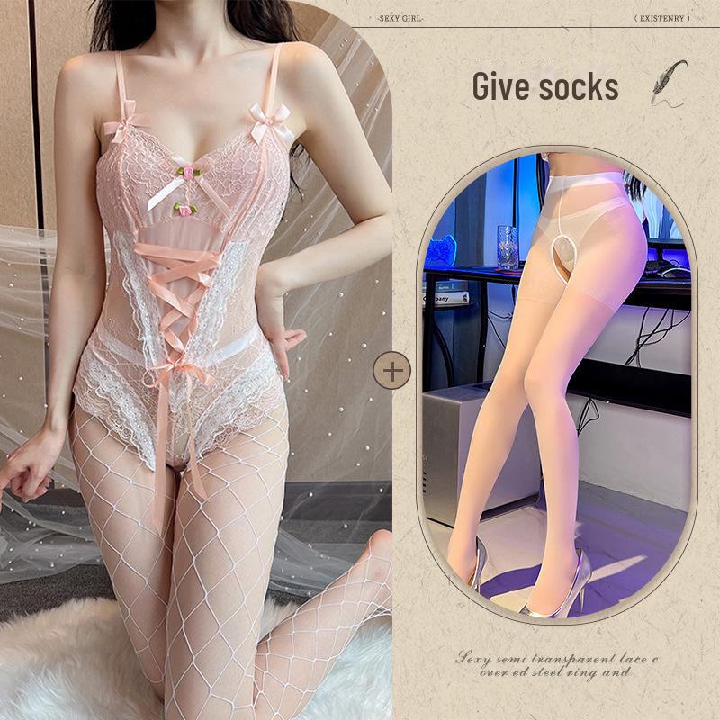 Sweet Candy Color Lace Lingerie Jumpsuit with Temptation Straps and Open Crotch