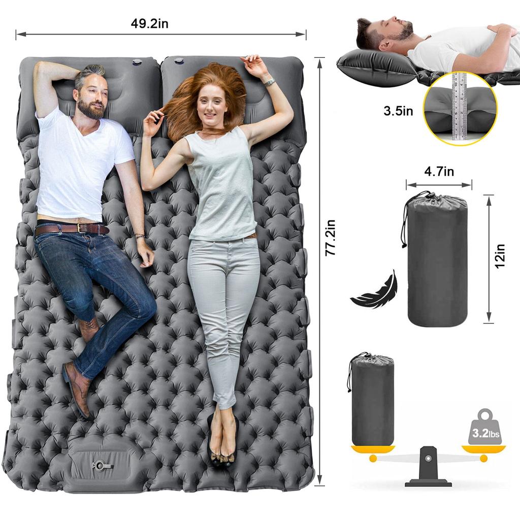 Double Sleeping Pad for 2 Person, Thick Inflatable Camping Mat with Built-in Foot Pump & Pillow, Compact Air Mattress for Hiking, Backpacking, Tent