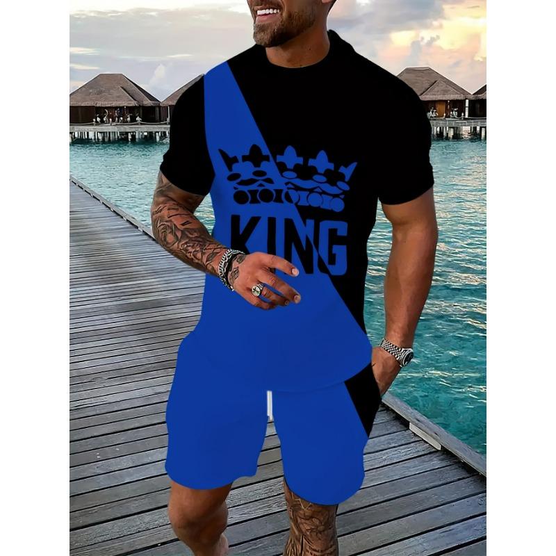Digital Printing Summer Two-color Splicing 'King' Pattern Men's Casual Two-piece Set