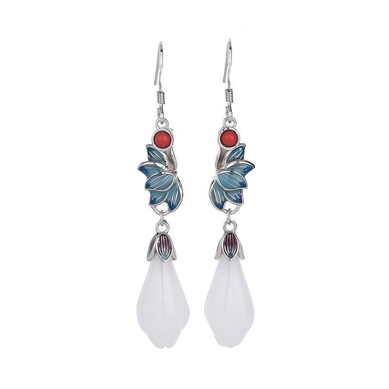 Chinese Retro Style Enamel Earrings with Imitation Hetian Jade Lotus in 925 Sterling Silver for Women