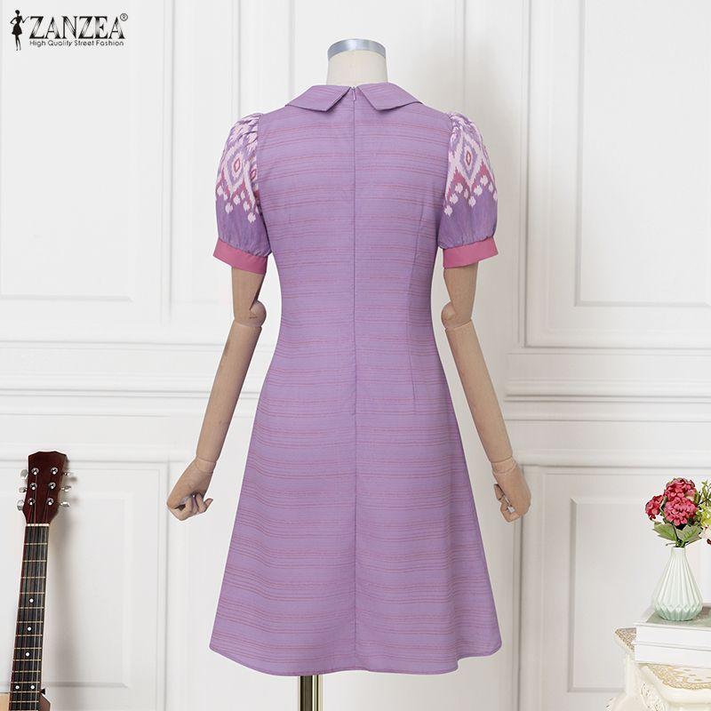 ZANZEA Women Casual Doll Collar Short Sleeve Ethnic Print Dress