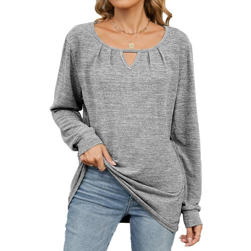 Autumn Winter Solid Color Wrinkled Brushed Hollow Loose Long Sleeved T-shirt for Women Shirt