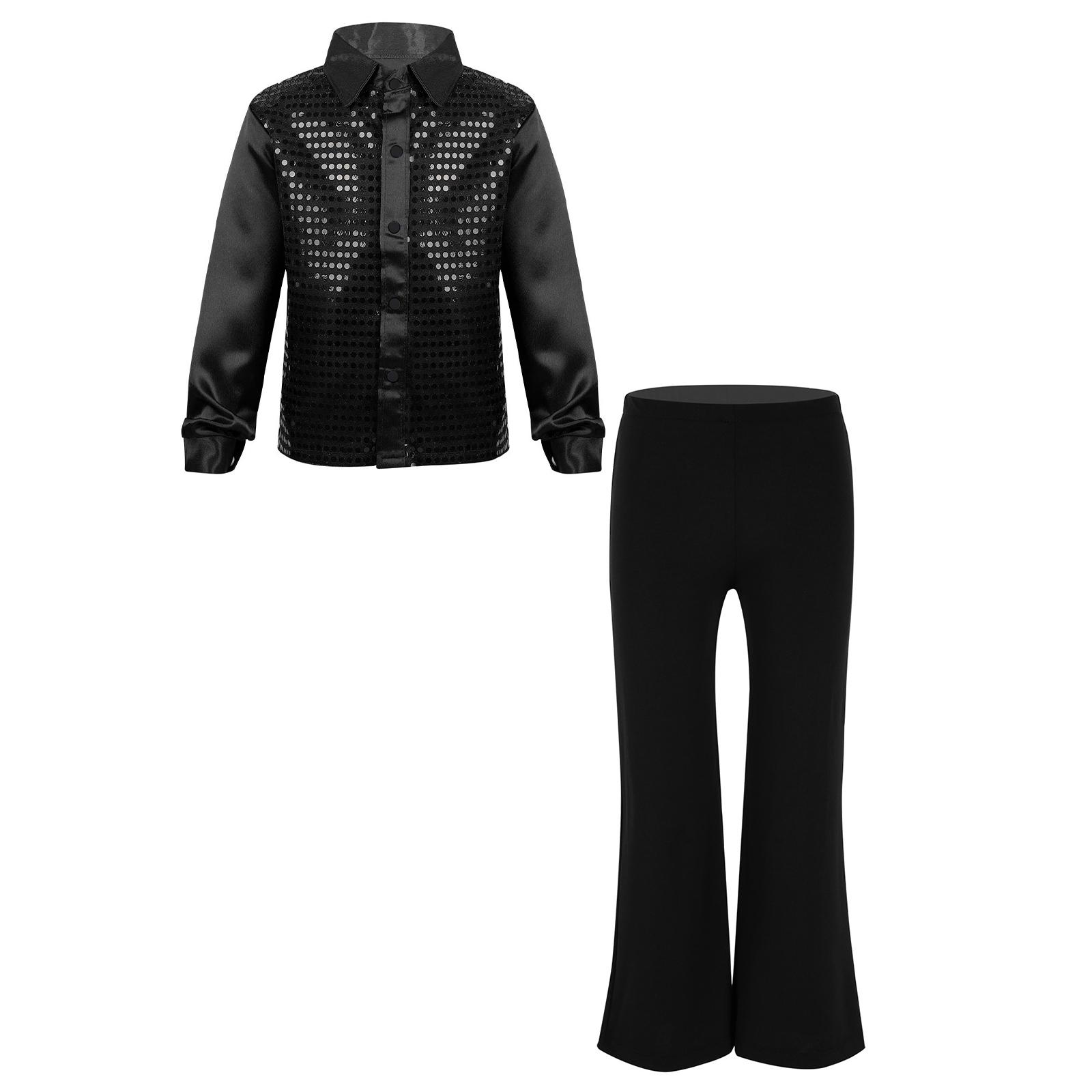 

Блестящая рубашка для джазовых танцев для мальчиков с длинным рукавом, застегивающаяся на пуговицы, украшенная пайетками, и соответствующие брюки для выступлений на сцене 9-10 Years