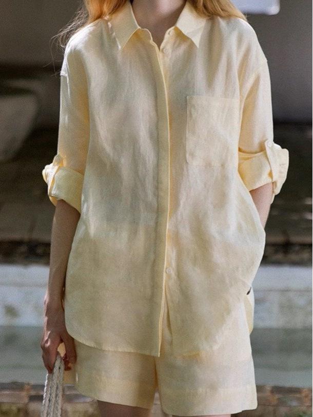 Leinen Oversize Hemd und Shorts Set - Weiß, Lässiger Sommerstil