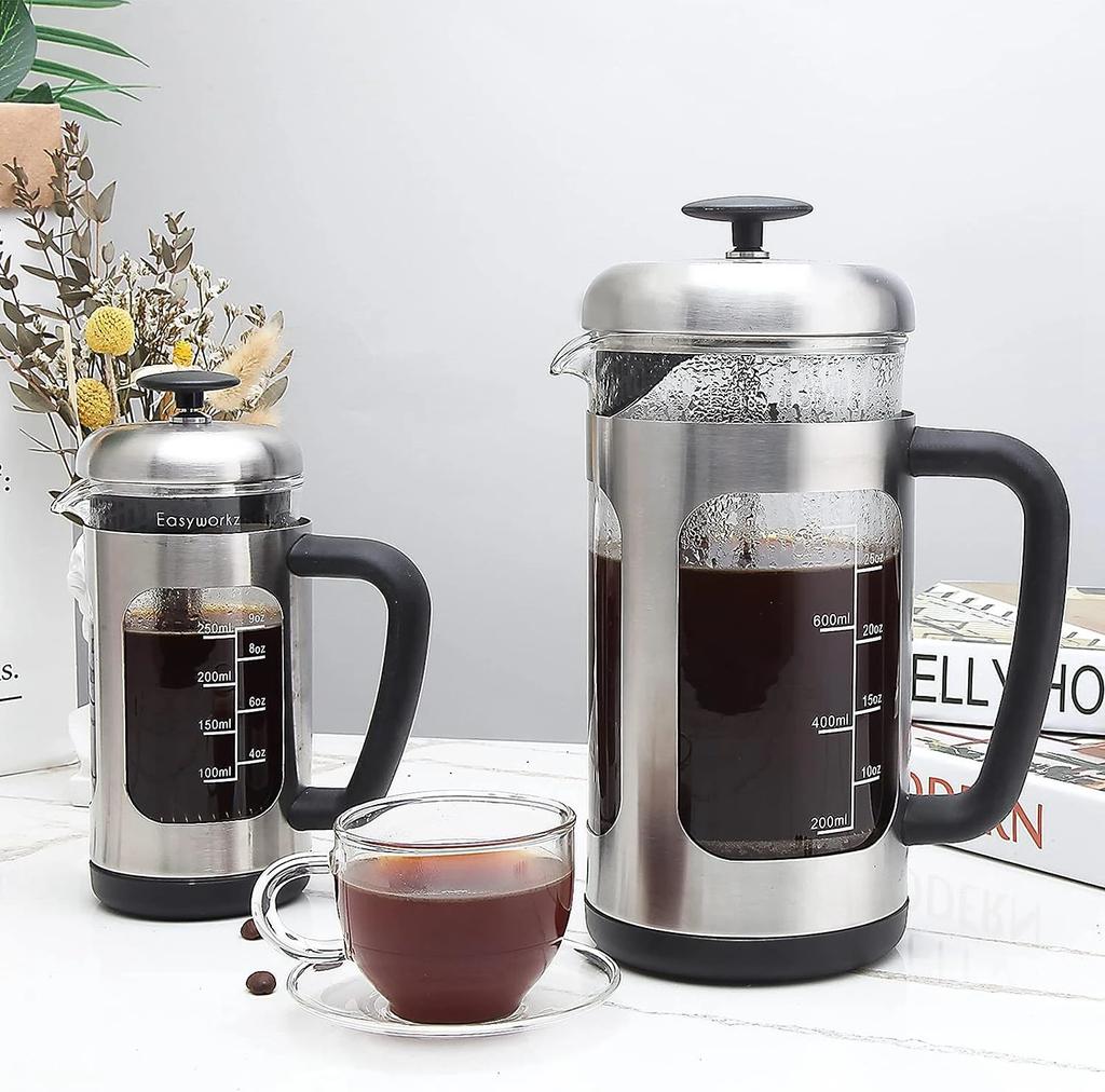 French Press Kávovar Borosilikátové Sklo, Rukojeť s Měkkým Úchopem a Nerezový Filtr, pro Kávu Čaj Vaření