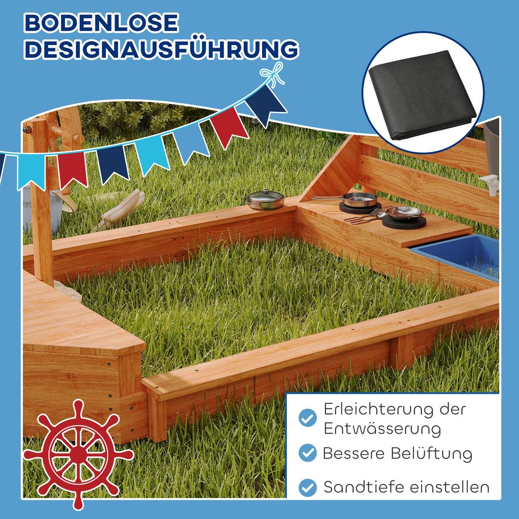 Sandbox with Sun Canopy, Pirate Ship, Incl. Children's Kitchen Play Set, Solid Wood, 180 X 103 X 144.5 Cm, Green