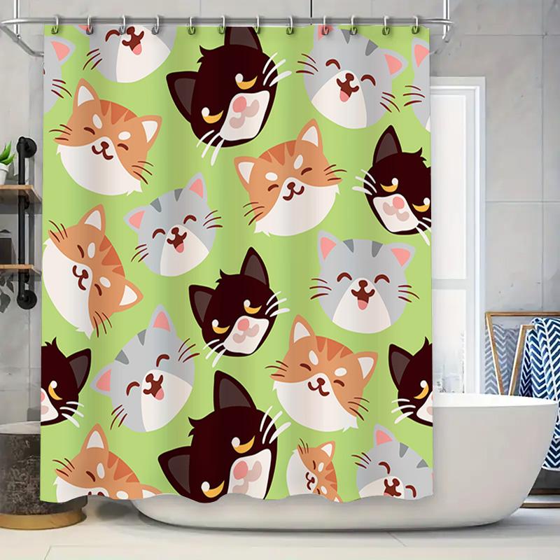 

Green Shower Curtain With Cat Faces Pattern For Bathroom Decor 3D Printed Polyester Fabric Waterproof Shower Curtains Set With H W60H190(CM)-1 Pcs