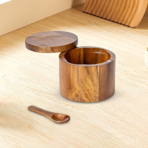 Salt Cellar Box, Wooden Salt Pot, Salt Container with Rotating Lid - Built-in Spoon Pot for Sugar, Kitchen Wooden Jar, Home Salt Cellar for Home, Cafe