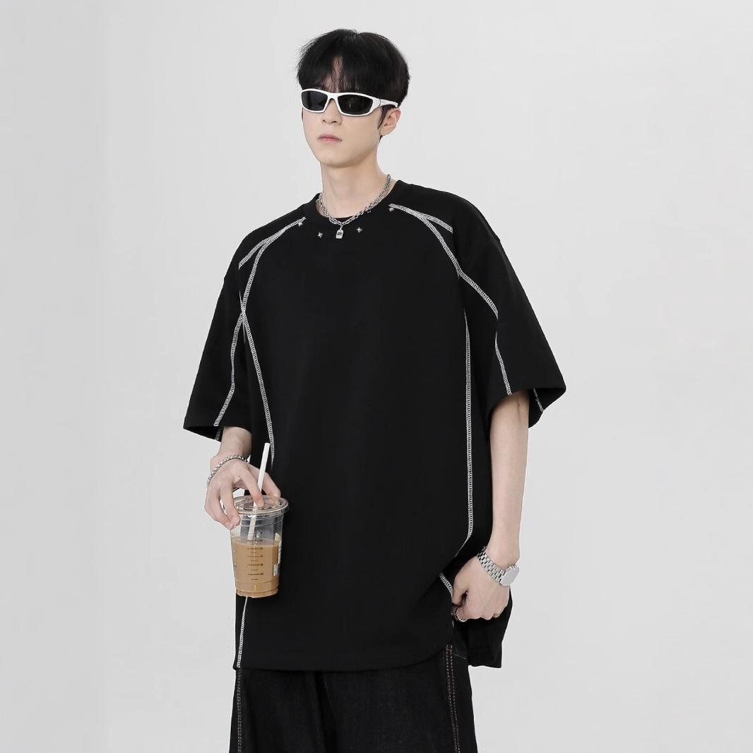 

Мужская летняя деконструированная футболка с коротким рукавом из плотной ткани: Повседневный стиль оверсайз L