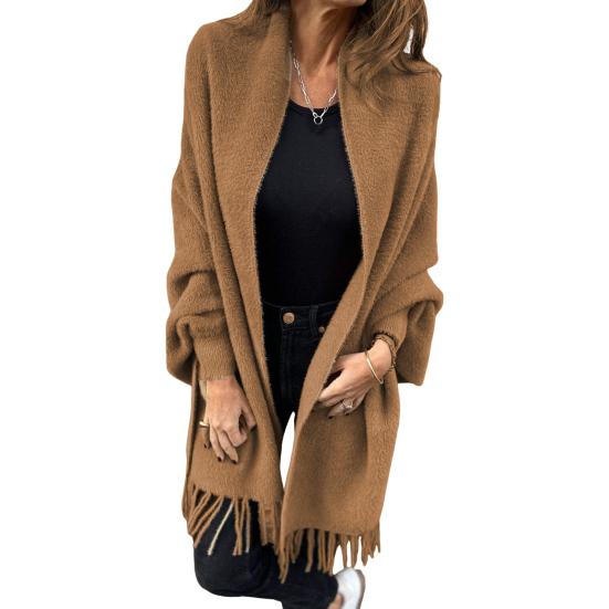 

Зимняя осень Женская куртка Толстый флис Бахрома Кисточки Подол Длинные рукава летучая мышь Ажурный шов Кардиган Вязаный пушистый средней длины Пальто для повседневной носки на открытом воздухе Шаль M верблюд