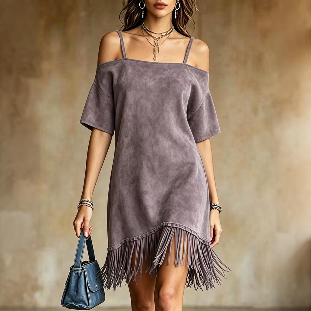 Women's Fashion Suede Off Shoulder Strap Loose Short Sleeve Dress with Fringe Hem Casual Summer Dress