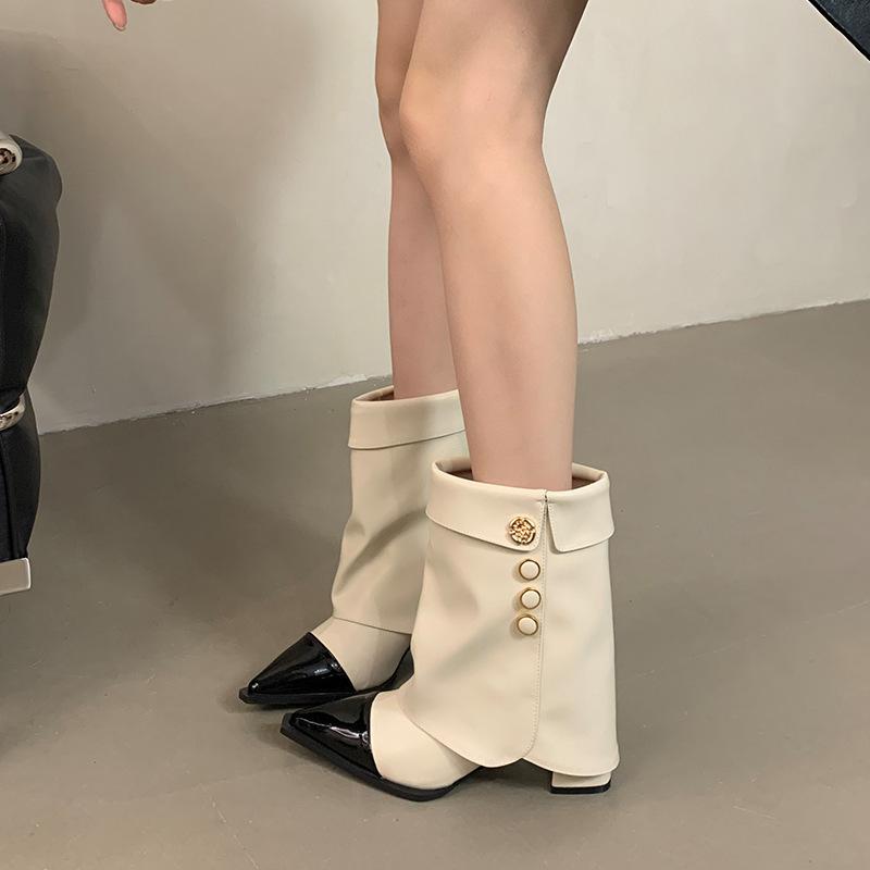 Mi Ting 2025 Autumn Fashion Versatile Coarse Heel Knight Boots Elegant Xiaoxiangfeng Color Matching Short Boots Sleeve Pants Pants Boots Women