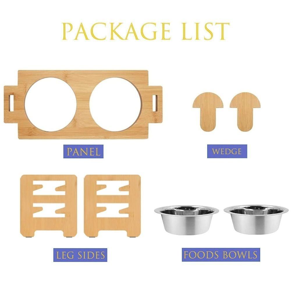 

6 Gears Adjustable Pet Bowl Stand Stainless Steel Bowls Bamboo Dog Cat Food Bowl Double Bowl Sturdy Elevated Feeder Large Dogs