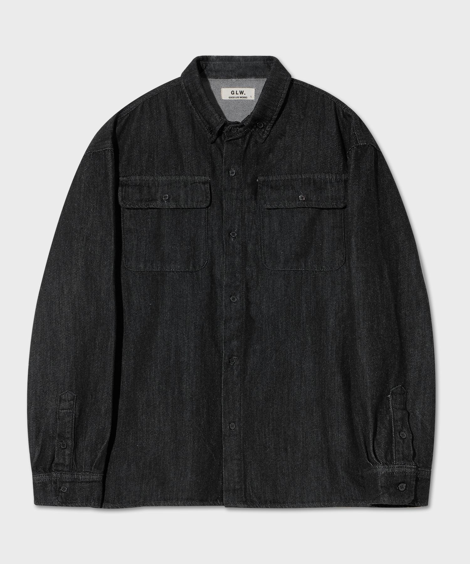 Good Life Works Oversized Two-Pocket Vintage Washed Denim Shirt Black Black/S