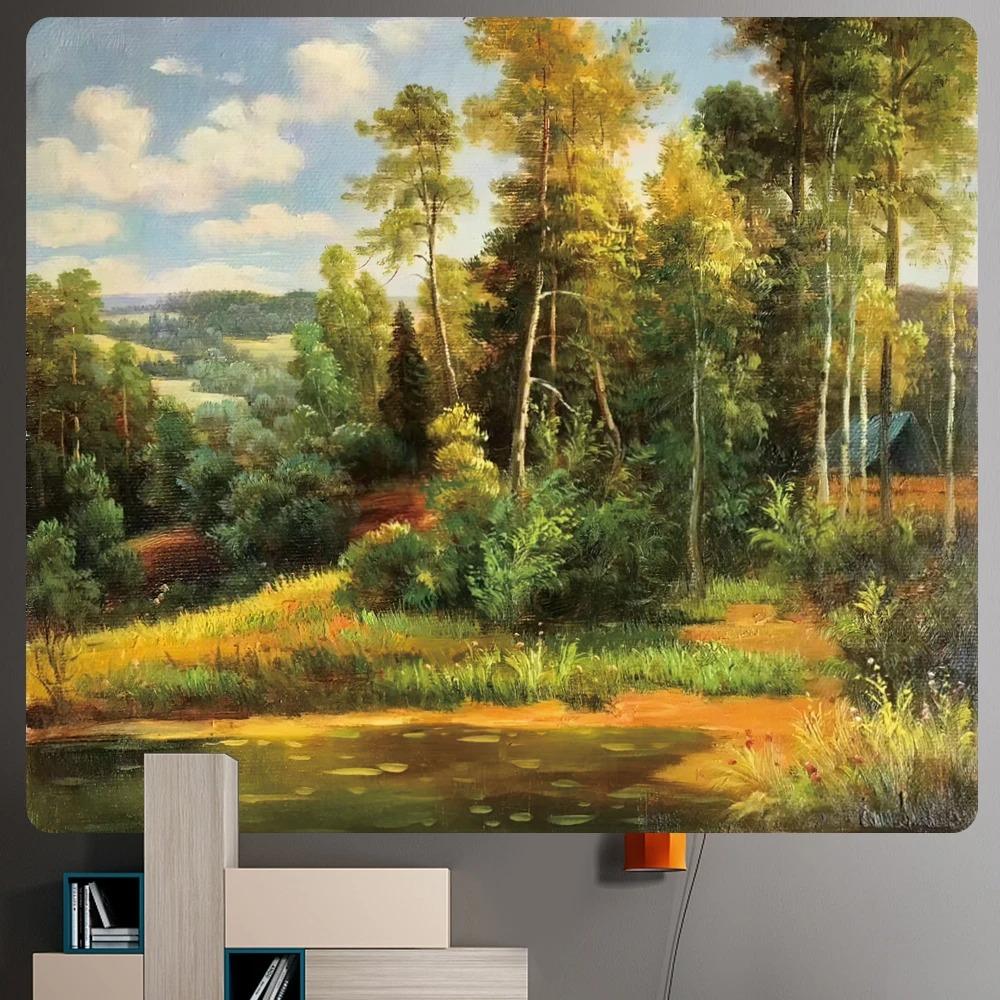 

Сказочный лесной замок Картина маслом Настенная гобеленовая картина для офиса, гостиной, украшение на стену для дома, гобелен 150x130cm